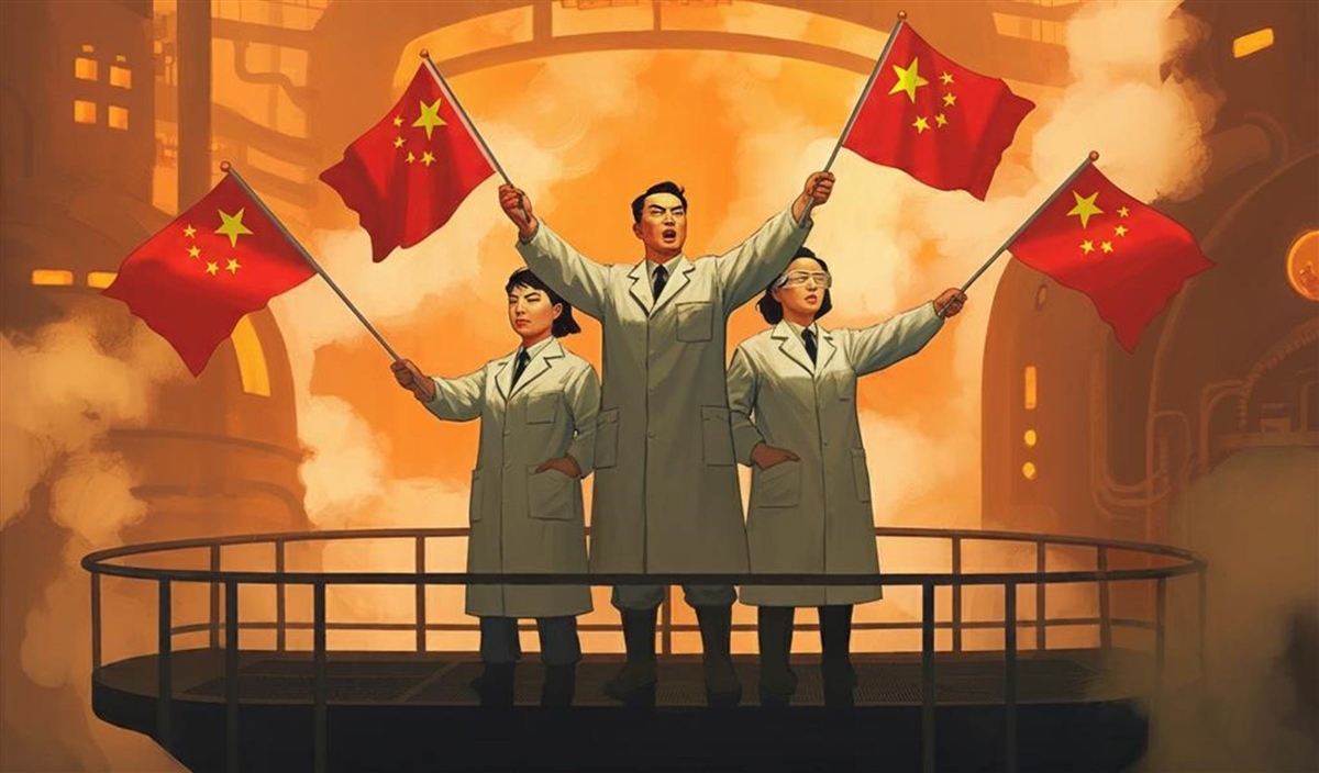 A group of people in white coats holding flags

Description automatically generated