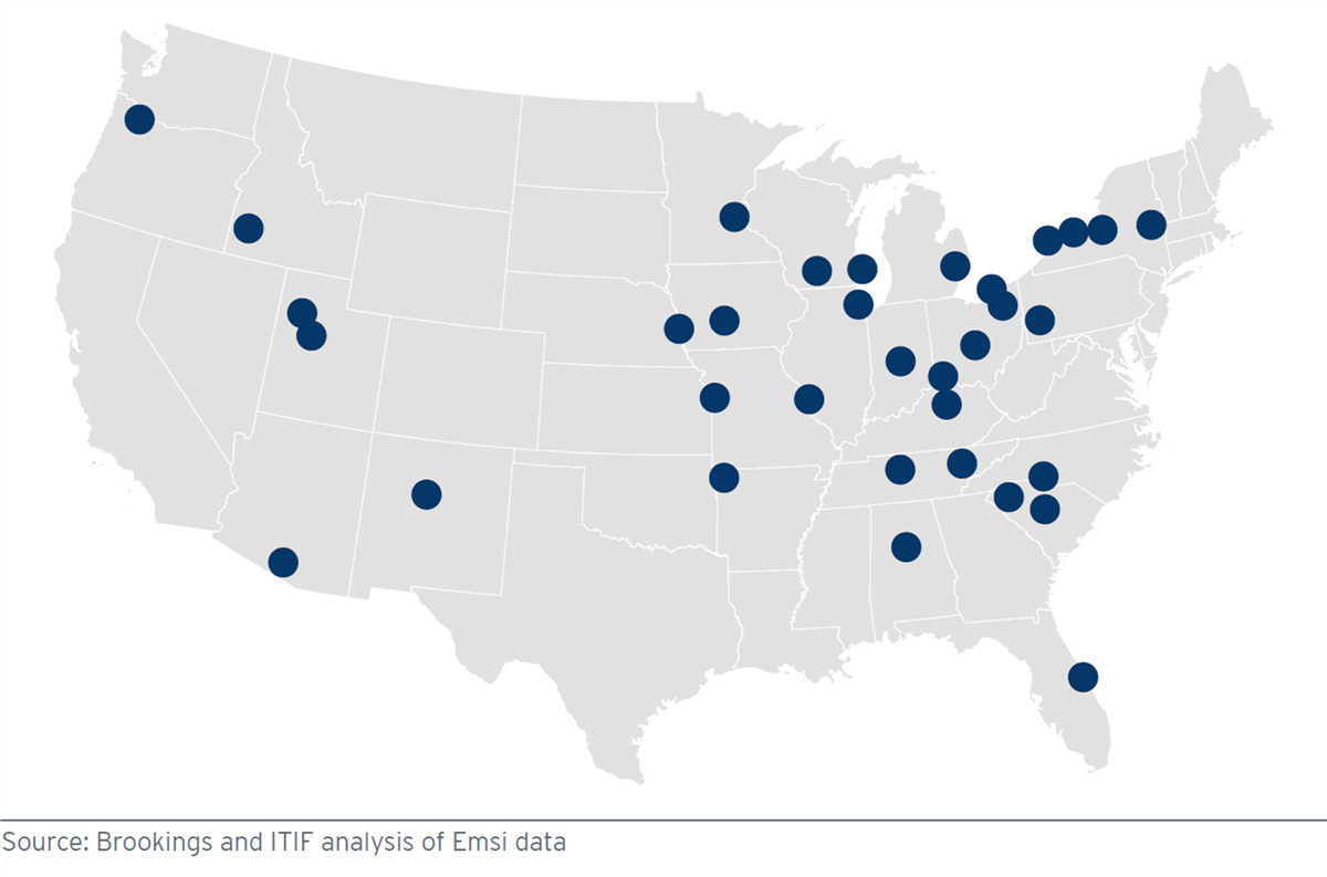 A map of the united states with blue dots

Description automatically generated