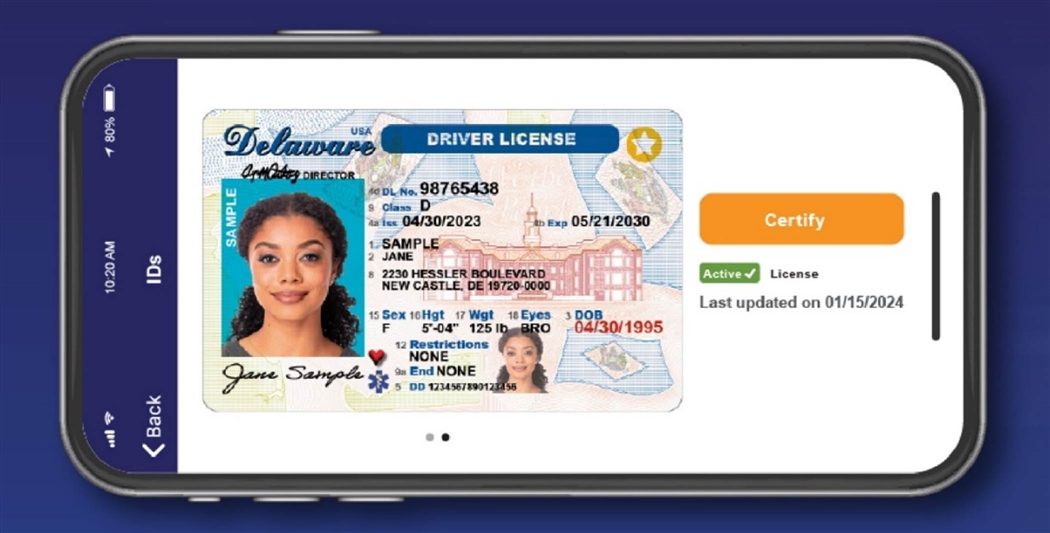 An example of a Delaware mobile driver’s license, displayed on a smartphone.